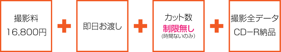 撮影料16,800円＋即日お渡し＋カット数無制限（時間内のみ）＋撮影全データCD-R納品