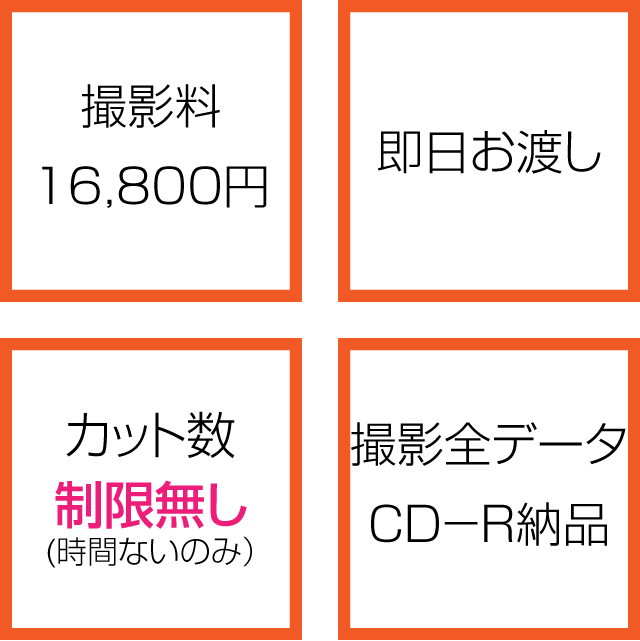 撮影料16,800円＋即日お渡し＋カット数無制限（時間内のみ）＋撮影全データCD-R納品